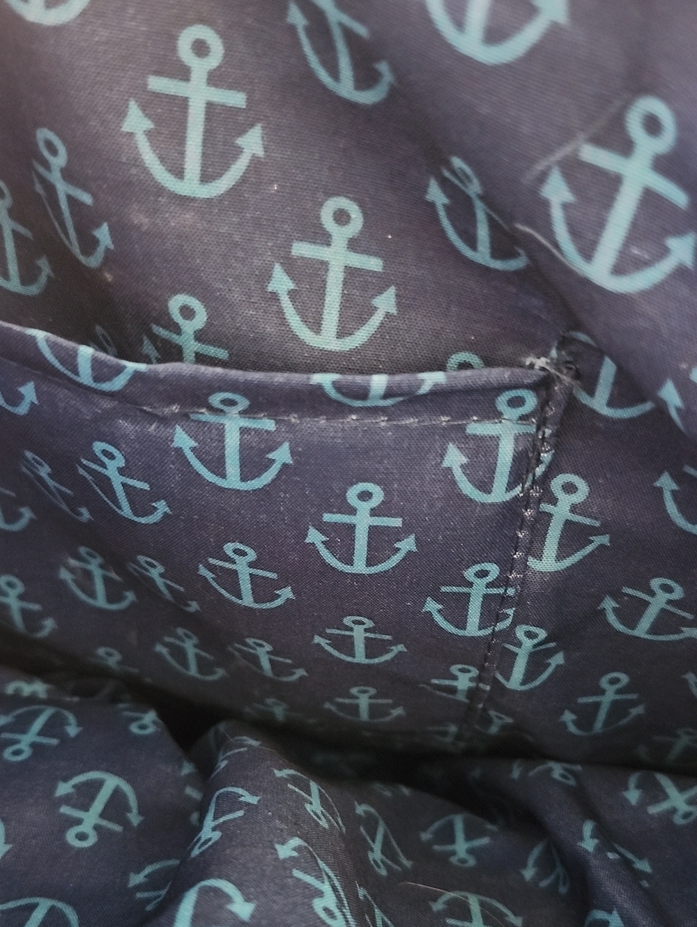 Woven Straw Bag, Navy & Teal Blue Linimg With Pockets, Anchor, 15"x12" - Picture 6 of 6